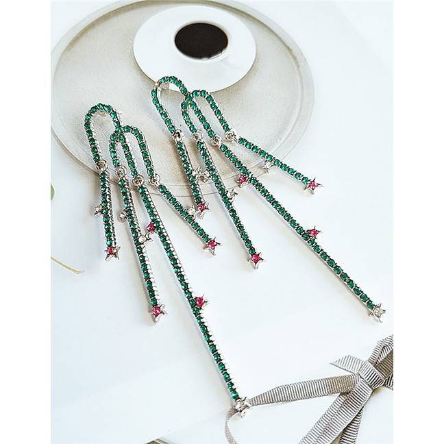 LRC Anting Tusuk Fashion Green Alloy Star Studded Tassel Earrings D28737
