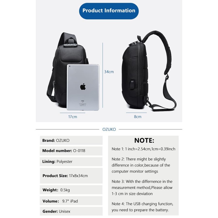 Tas Selempang Crossbody Sling Bag Coded Lock with USB Charger Port - Black