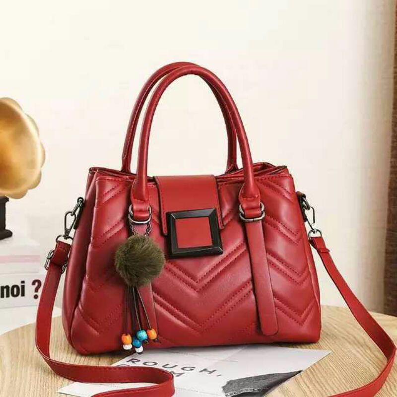 Rully68_ Tas Selempang bercorak jahit&quot; multifungsi Handbag Rossa free pompom