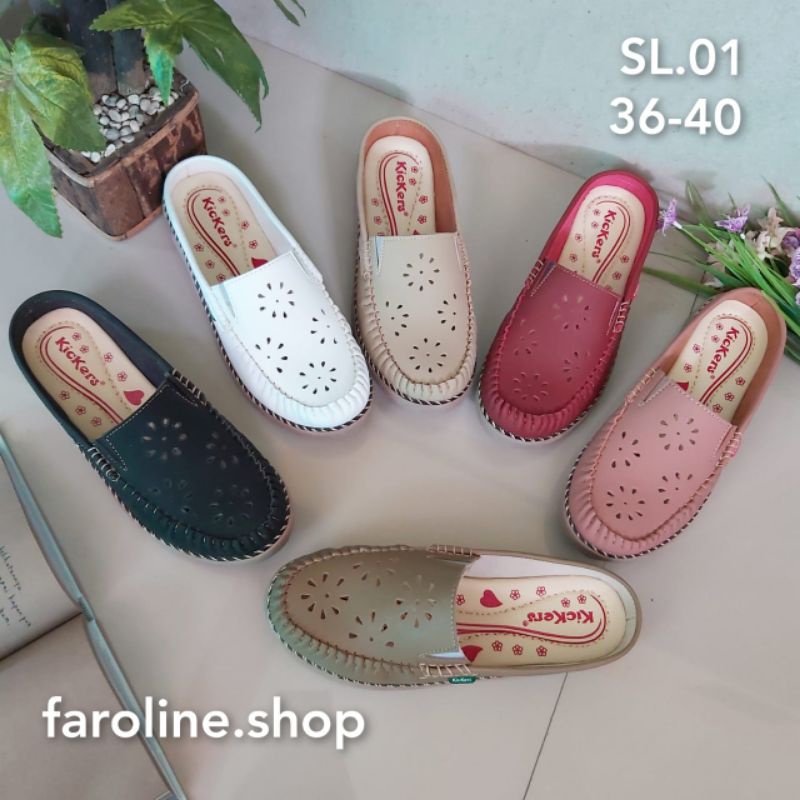 SL.01 Sandal slop wanita / Kickers sandal wanita bahan kulit / Sandal Kickers model tutong (BONUS MA