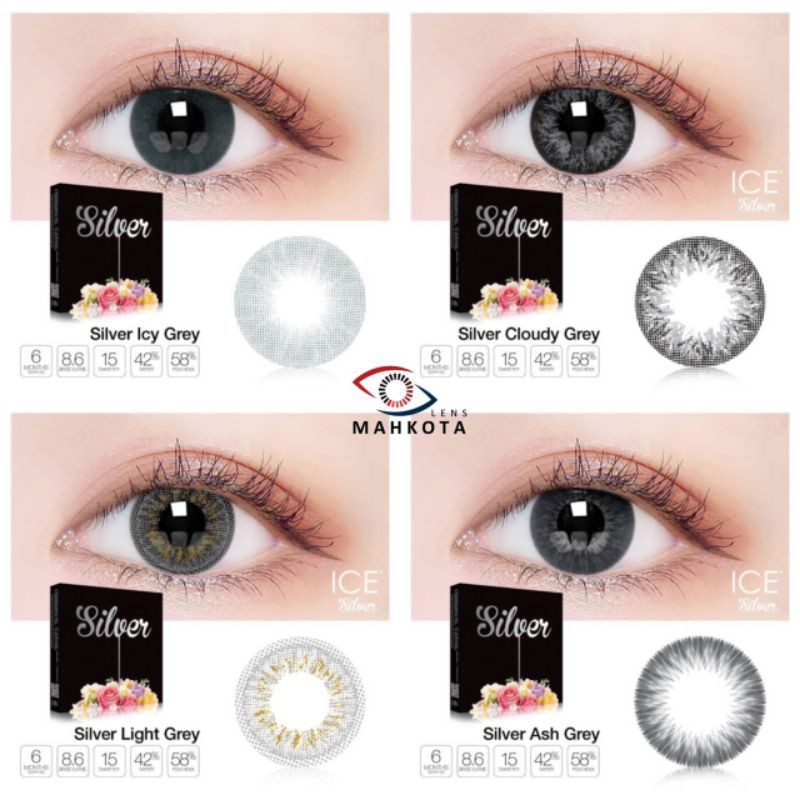 SOFTLENS ICE SILVER / NORMAL &amp; MINUS (-0.50 s/d -3.00) By EXOTICON / DIA 15MM / CLOUDY GREY / LIGHT GREY / ICY GREY / ASH GREY / Softlen Soflen Soflens