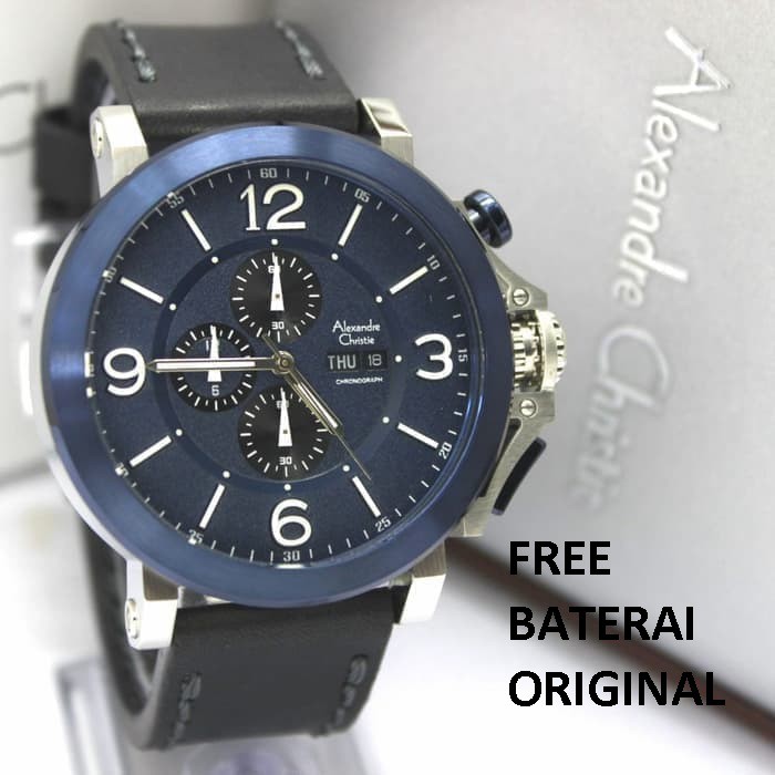 [Free Baterai] JAM TANGAN PRIA ALEXANDRE CHRISTIE AC 6281 SILVER BLUE LEATHER BLACK ORIGINAL GARANSI