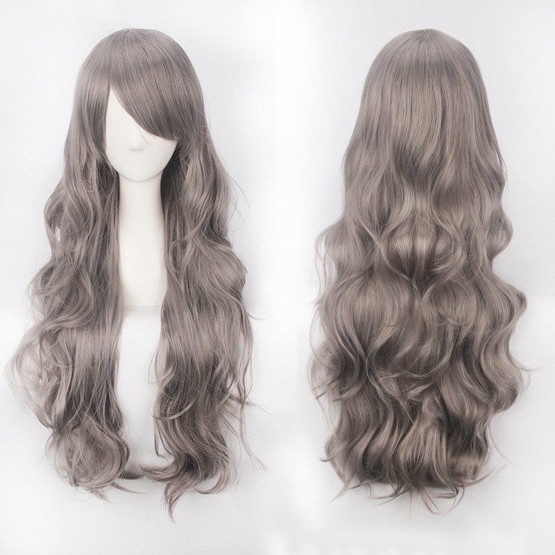 K027 wig base wavy 80 cm curly wanita cosplay rambut palsu daily lolita gelombang hitam putih abu