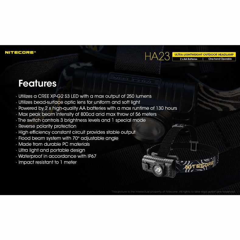 Lampu Senter Kepala LED Darurat Outdoor Headlamp 250l Nitecore HA23