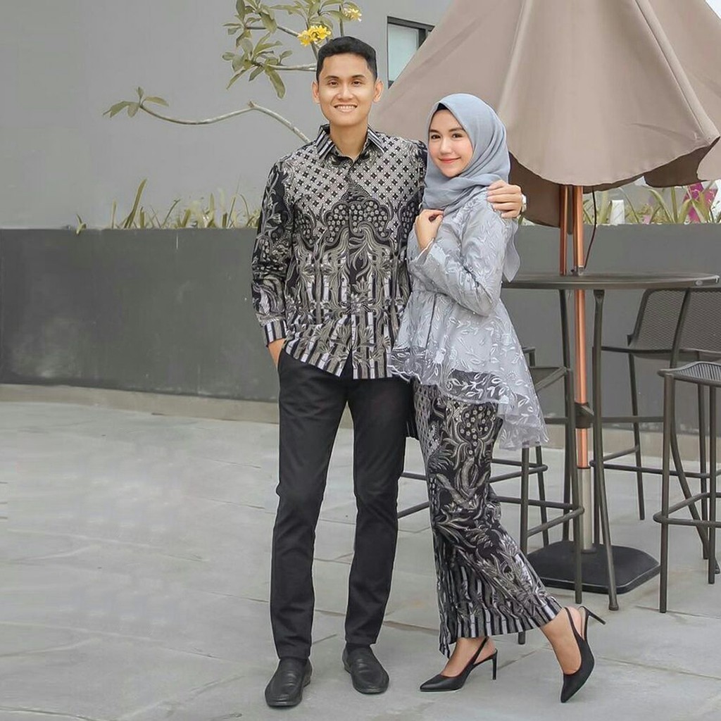 (TERMURAH - ORI & REAL PIC!  WARNA) Batik Couple Andhini Kebaya Couple Brukat Anabel - BS073-GREY / ABU ABU