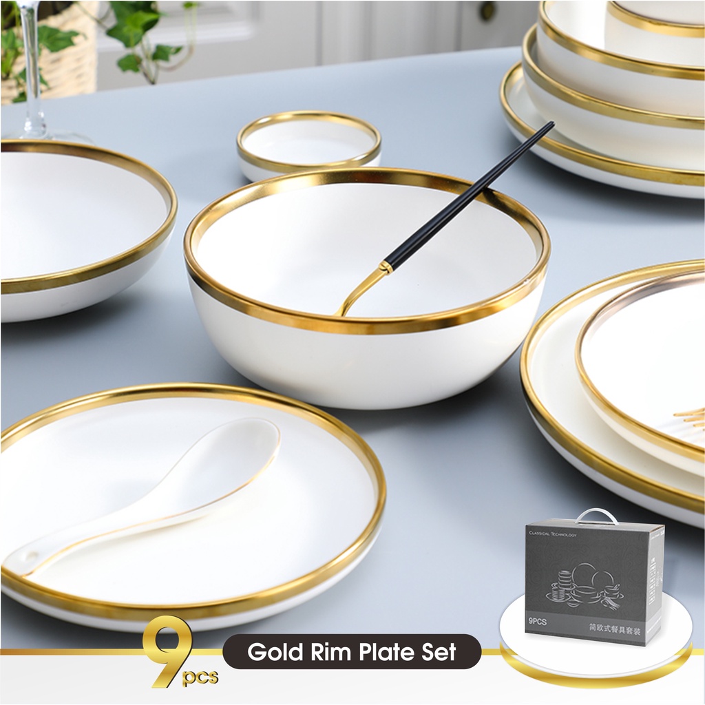 Set 9 &amp; 26 PCS Piring Mangkok Makan Putih Keramik Pinggiran Emas Cantik Ceramic Mewah Western Steak Gold Rim Plate