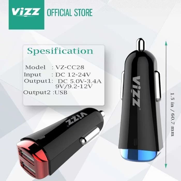CAR CHARGER / SAVER MOBIL / CAS MOBIL VIZZ MINI TUBE VCC28 DUAL USB 3.4A - KA