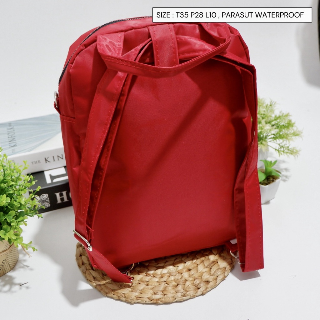 Tas Wanita Punggung Ransel mini polos bahan parasut waterproof anti air bisa selempang ransel dan tenteng 3 in 1