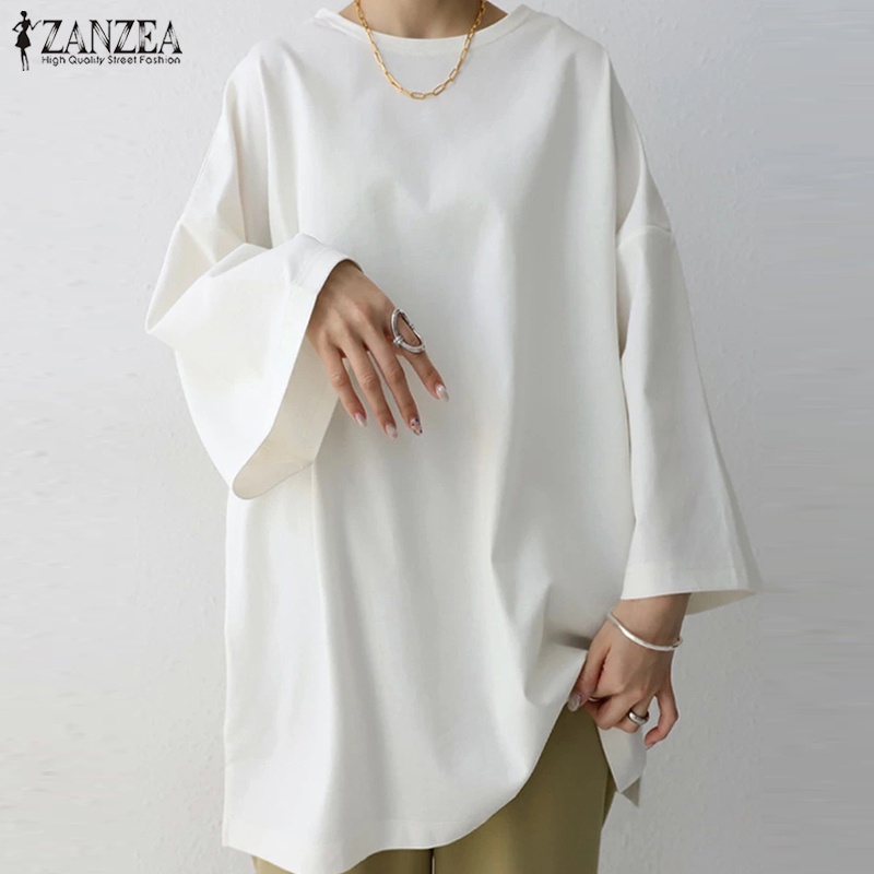 ZANZEA Women Crew Neck Long Sleeve Solid Color Casual Blouse