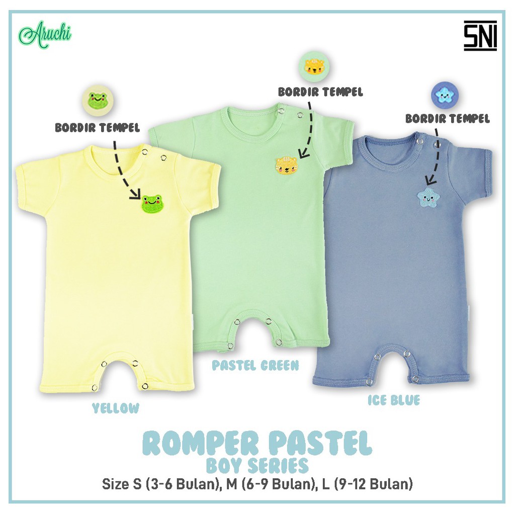 ROMPER KOTAK ARUCHI PASTEL ROMPER ANAK ARUCHI BORDIR TEMPEL / ROMPER ARUCHI SERIES KOTAK 3-12 BULAN