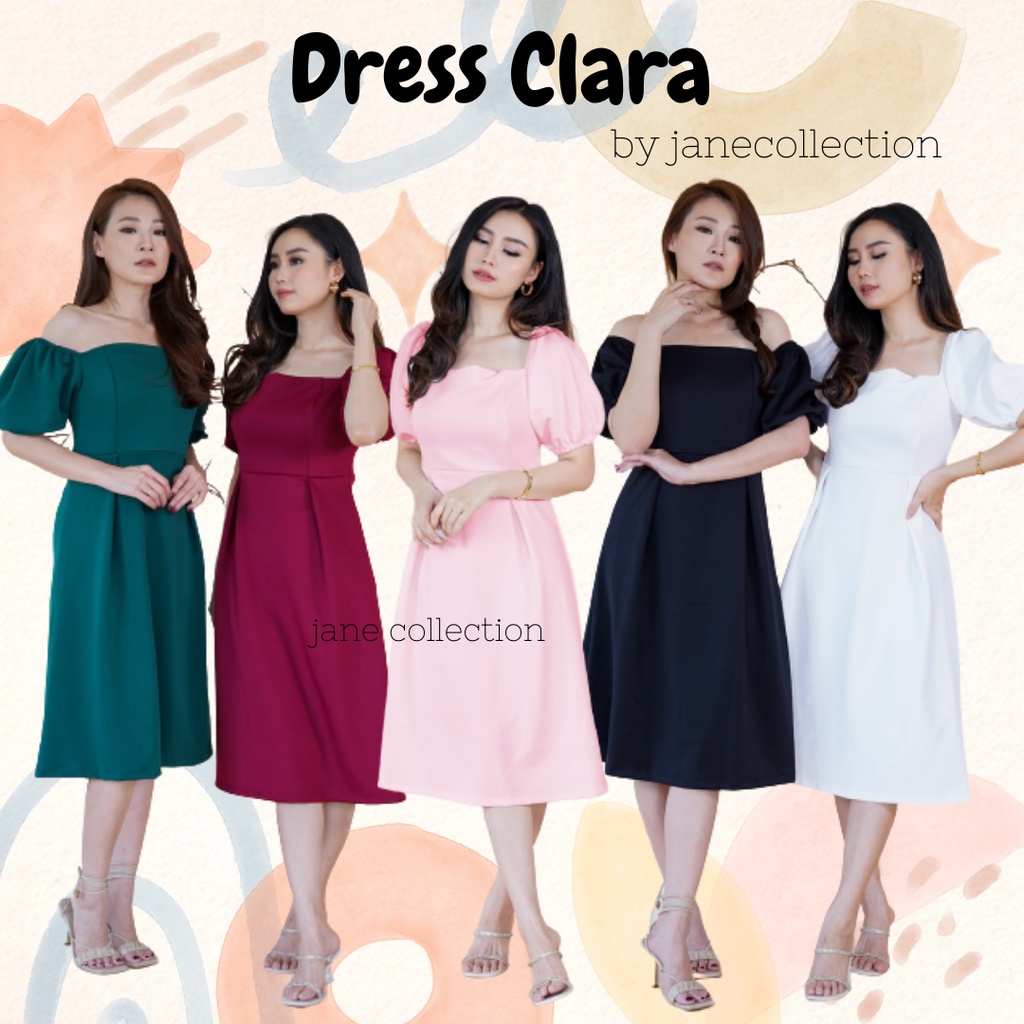 JANE COLLECTION || Midi Dress Hitam Kasual Lengan Balon Bisa dijadikan Sabrina / Square Neck Prom Night A Line Selutut Maroon Prime Scuba Night Party Pesta Kondangan OOTD Korea Pernikahan Nikah Dress Clara