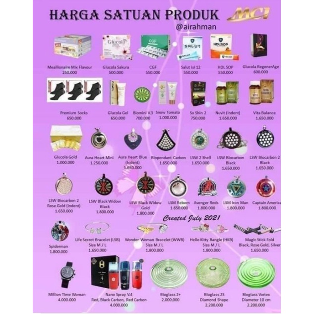 MCI kalung,gelang,jam tangan,bioglass,nutrisi,dll