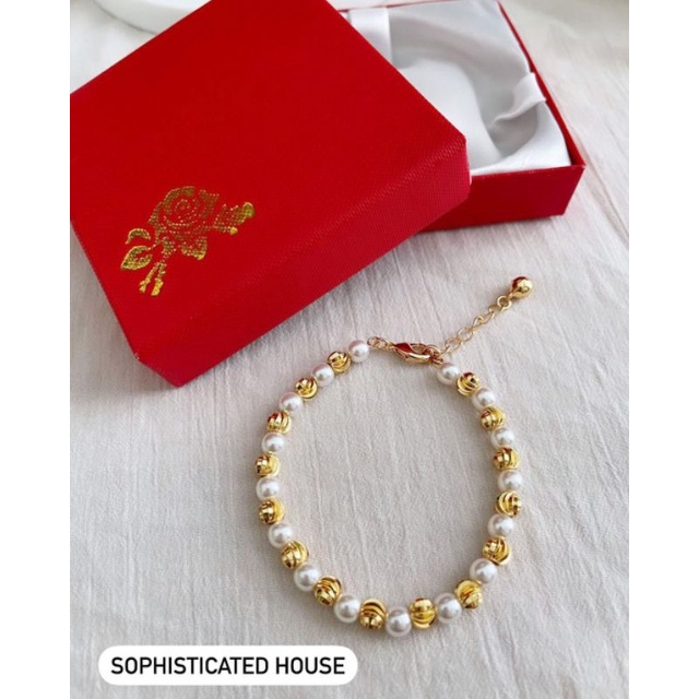 Gelang Mutiara Air Mix Bola Emas Lapis Emas 18k