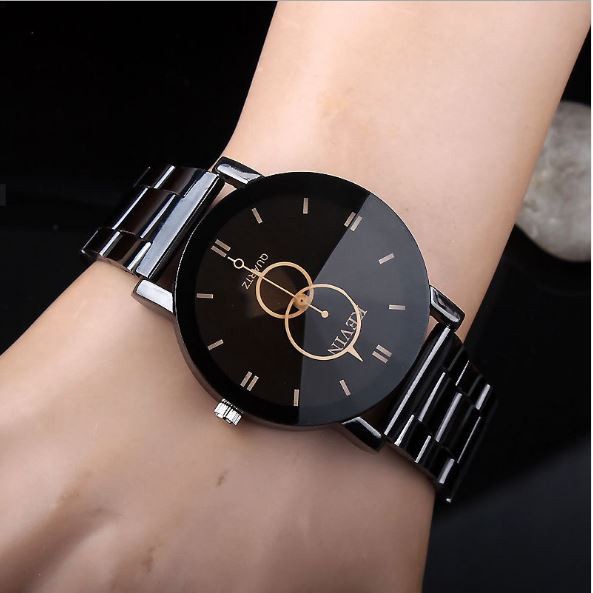 Women Watches Fashion Black Round Dial Stainless Steel Band Quartz Wrist Watch Mens Gifts