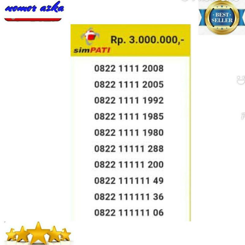 Nomor cantik simpati 0822 1111 2008 seri Kuartet 1111 rapi Bsm03
