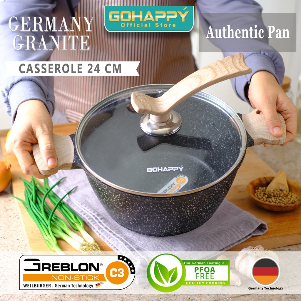 GERMANY GRANITE Casserole 24cm with glass lid GOHAPPY GHG86 Panci stock pot Greblon German Granit an