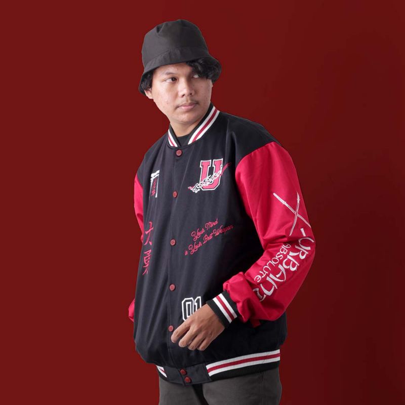 Varsity Jaket Baseball Motif Terbaru Keren Stylish Premium Material Bahan Mayer Full Bordir Warna Hitam Merah | Jaket Sukajan Xtreme Performance | Jaket Distro Keren Style Korea Japan