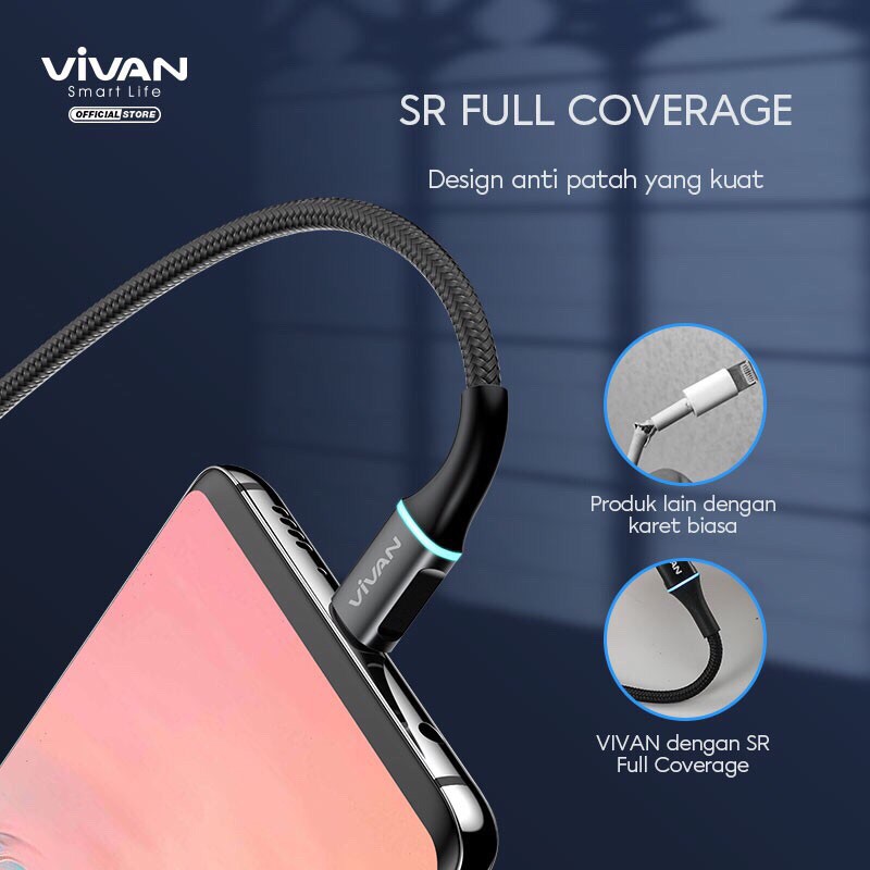 VIVAN VDL100 / VDL200 Kabel ipon Lightning 2.4A LED Light Quick Charge 1M &amp; 2M - Garansi Resmi 1 Tahun