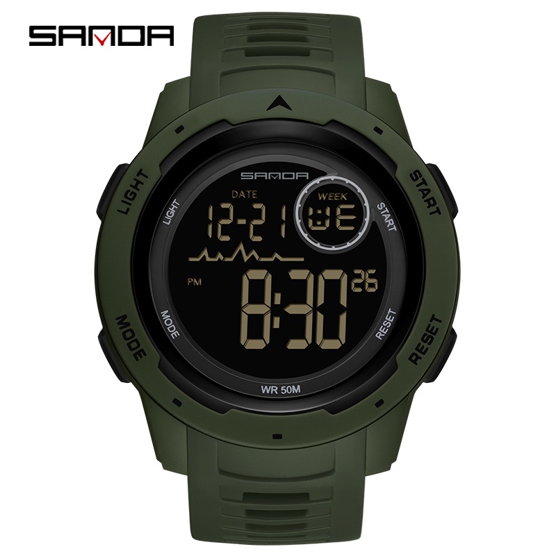 SANDA 2125 Jam Tangan Pria Digital EL Backlight Sport Watch Anti Air-Green Army
