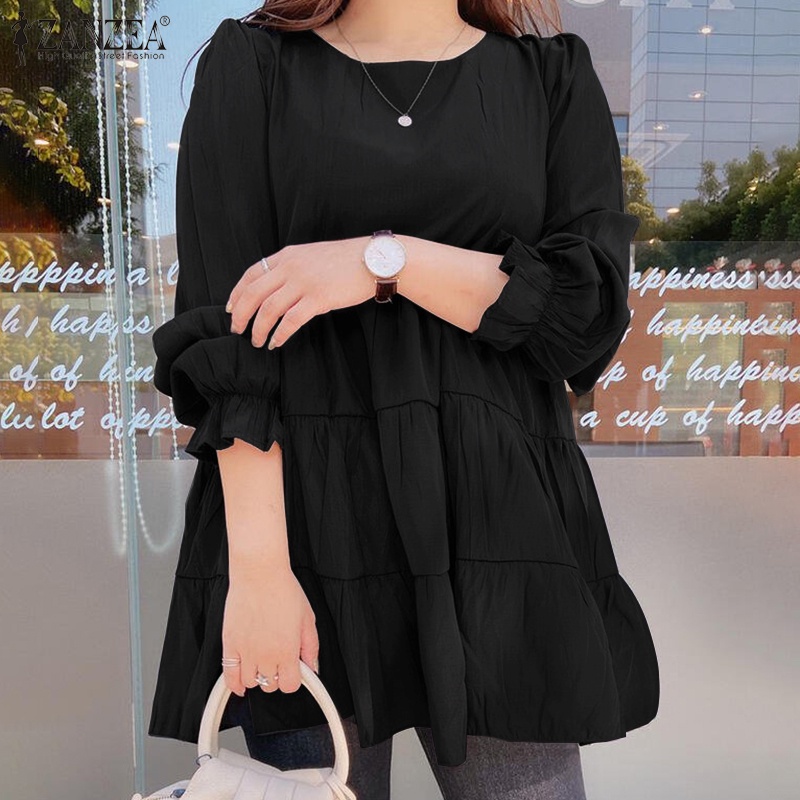 ZANZEA Women O-Neck Loose Spliced Long Sleeve Pleated Frill Solid Blouse