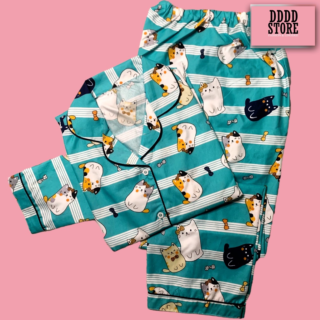 PIYAMA WANITA / BAJU TIDUR WANITA MOTIF LENGAN PANJANG MOTIF KOTAK PP-PP CAT LINE PINK