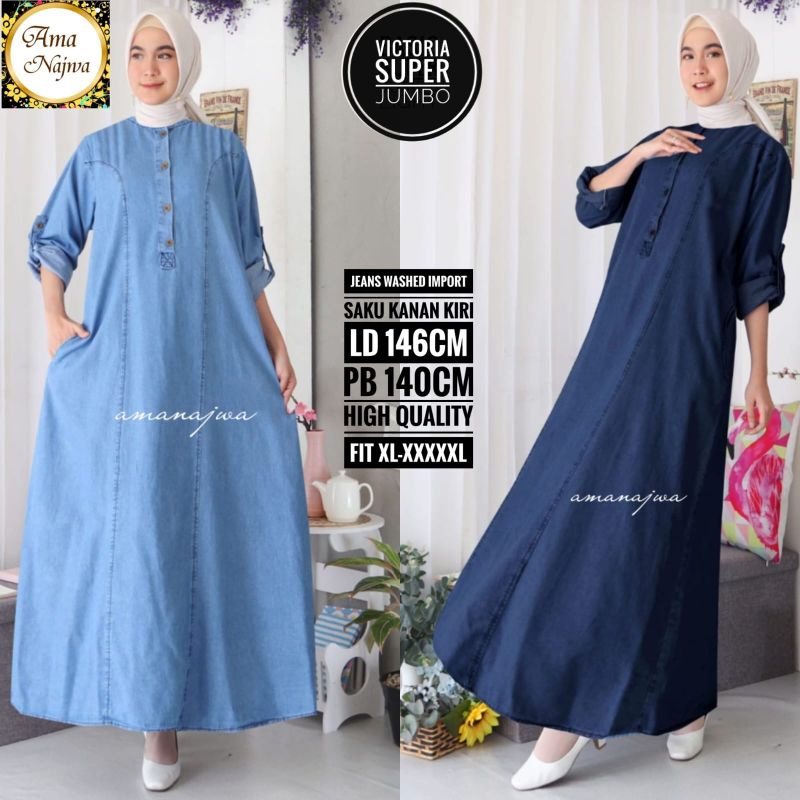 Victoria Dress Maxy Gamis Polos Jeans Ld 146 Suju Super Jumbo Fit XXXXL Busui Kancing By Amj