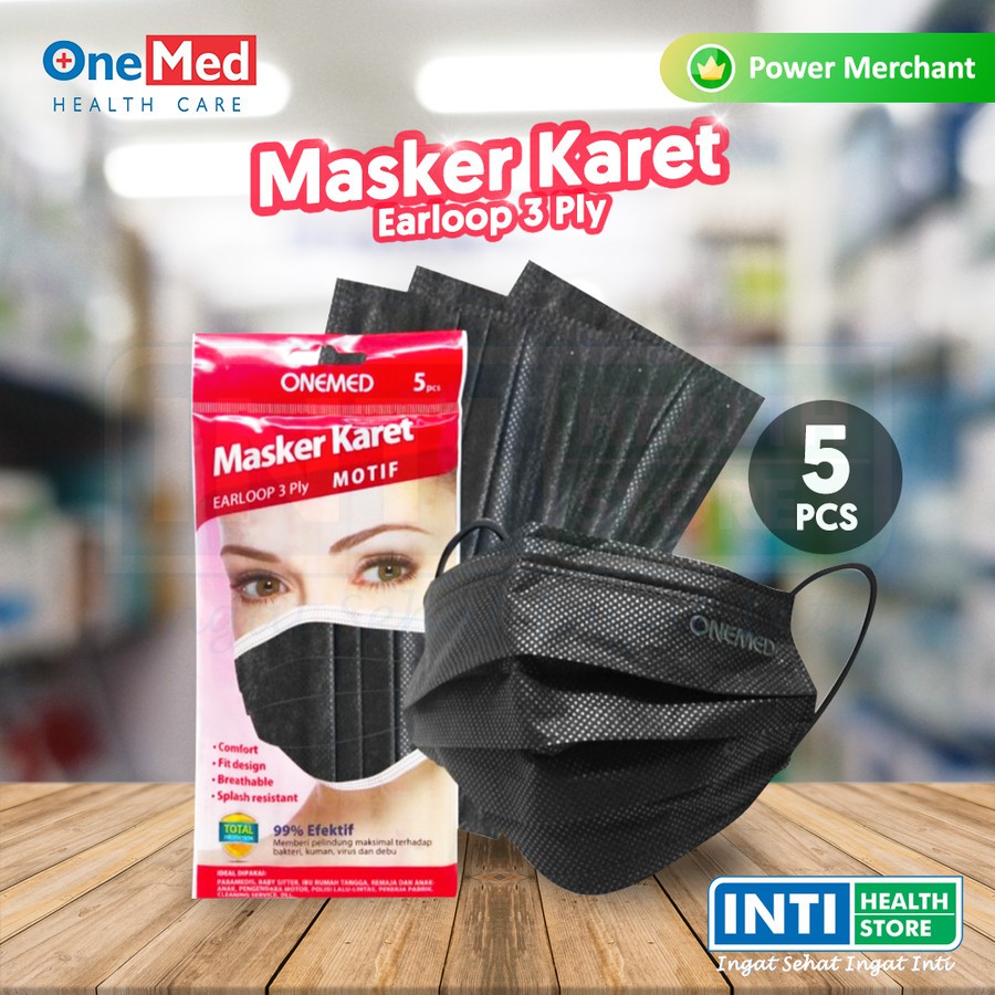 Onemed | Masker Karet 3 Ply Earloop | Masker Medis | Masker Hitam Isi 5