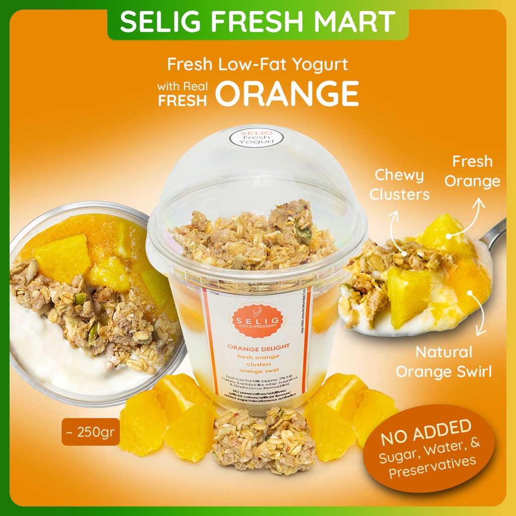 

Fresh Low Fat Yogurt Jeruk & Clusters ~250gr Orange Delight - Selig Fresh Mart