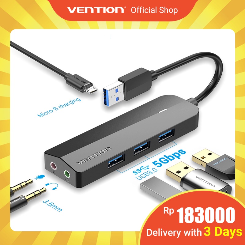 Vention USB Hub Splitter Usb 3.0 3 Port with Sound Card Kecepatan Tinggi 5gbps Dengan Power Supply Untuk Laptop Pc