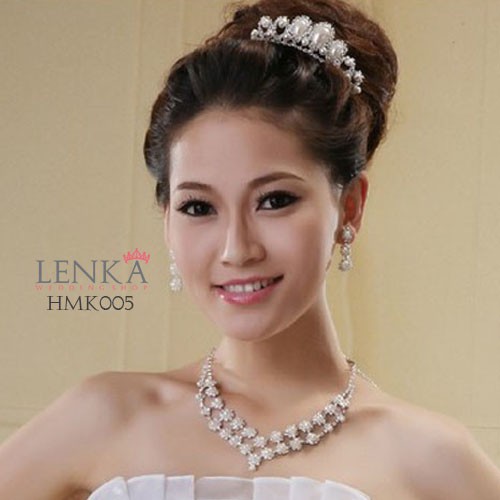 Paket Mahkota Kalung Anting Mutiara l Aksesoris Pengantin Modern Lenka - HMK005