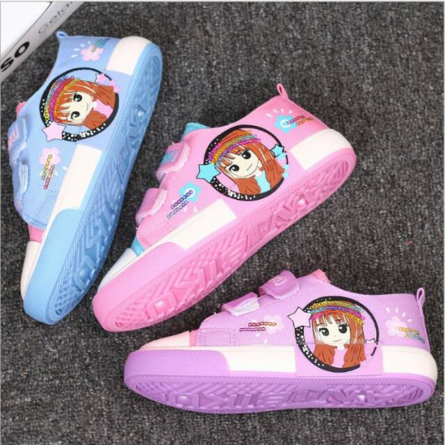 Sepatu Sneaker Kets Olahraga Sport Sekolah Ungu Pink Biru Anak Perempuan Cewek 4 5 6 7 Tahun Murah