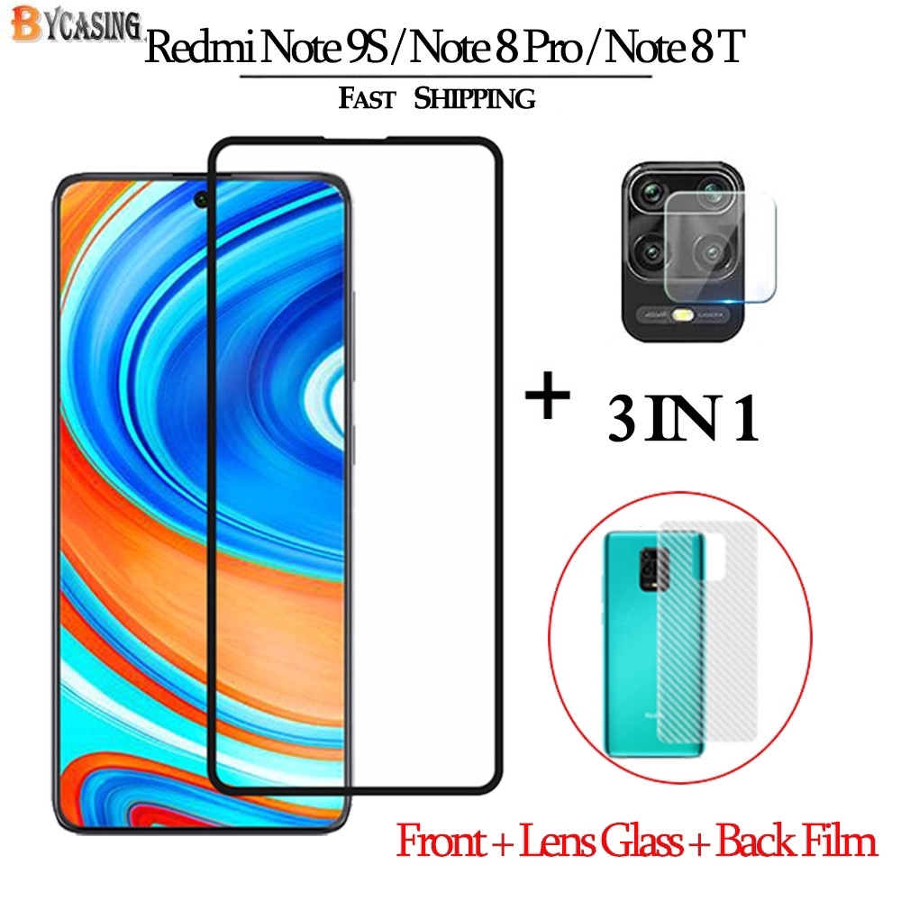 3in1 Pelindung Layar Tempered Glass+Lensa Film Karbon Fiber Untuk Xiaomi Redmi 9A 9C Note 9 Note 9 Pro Note 8 Pro Note 9s