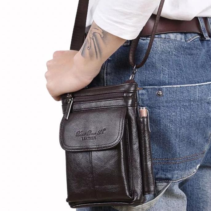 tas selempang kulit mini pria hp pinggang cheer soul coklat - hitam