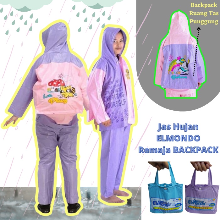 Jas Hujan Setelan Baju Celana Anak Remaja SD SMP Mantel Hujan Remaja Elmondo Back Pack 606