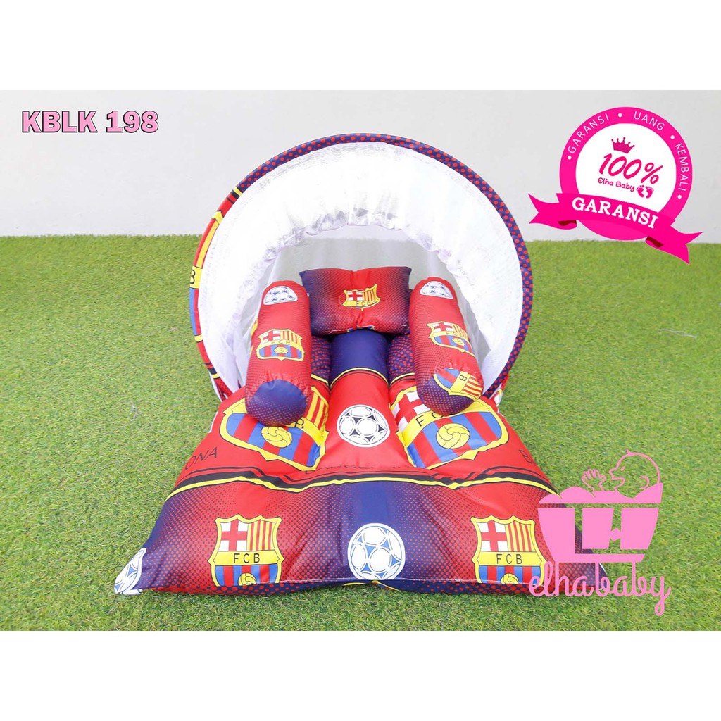 Kasur Bayi Murah Lucu Praktis Set Bantal Guling Kelambu Lipat Motif Bola Barca | Tempat Tidur Baby