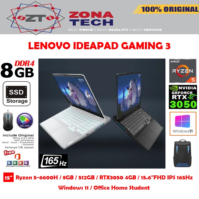 LENOVO IDEAPAD GAMING 3-B8ID - RYZEN 5-6600H - 8GB - 512GB - NVIDIA RTX3050 4GB - 15.6&quot;FHD IPS 165Hz - WIN11 - OHS