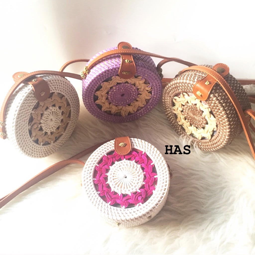  Tas  Rotan  Jalin Gendit 15cm 18cm 20cm Anyaman Bulat Bali  