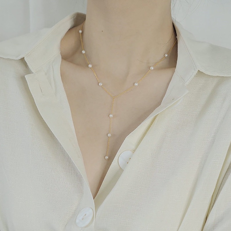 Ark.co - Versary necklace (pearl &amp; gold beads&amp; flower) kalung Y lariat mutiara bunga putih simple minimalis