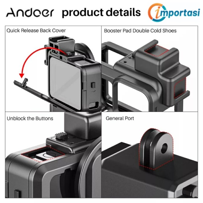 ANDOER Frame Vlog Case GoPro Hero 9 &amp; 10 Cage Housing Cold Shoe 55mm Adapter