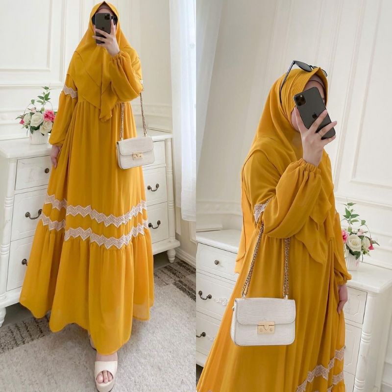 gamis syari pesta ceruty babydoll polos mix renda set khimar naffina