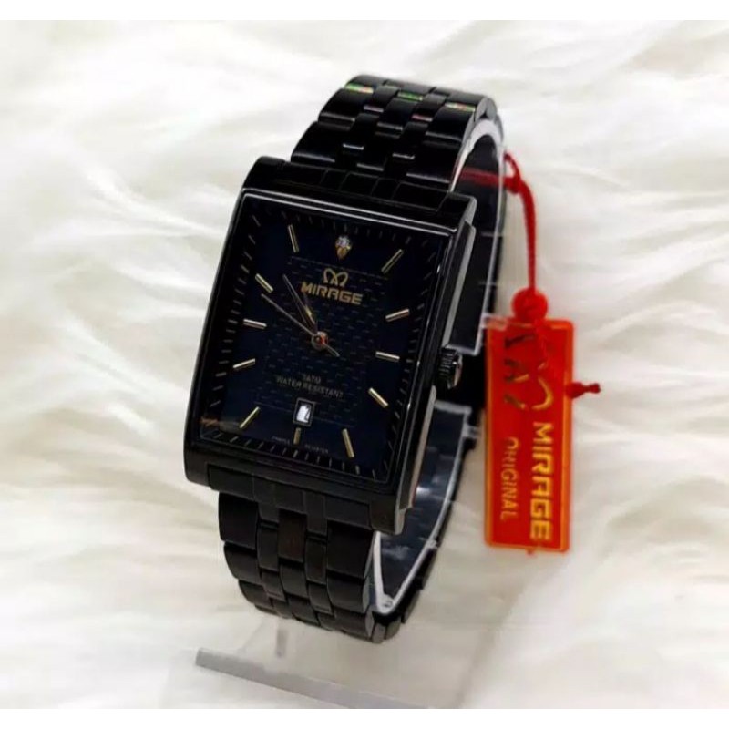 jam tangan pria;MIRAGE 8667BSP-Msegi hitam full~ORIGINAL WATER RESISTANT~RANTAI STAINLEES FULL BLACK