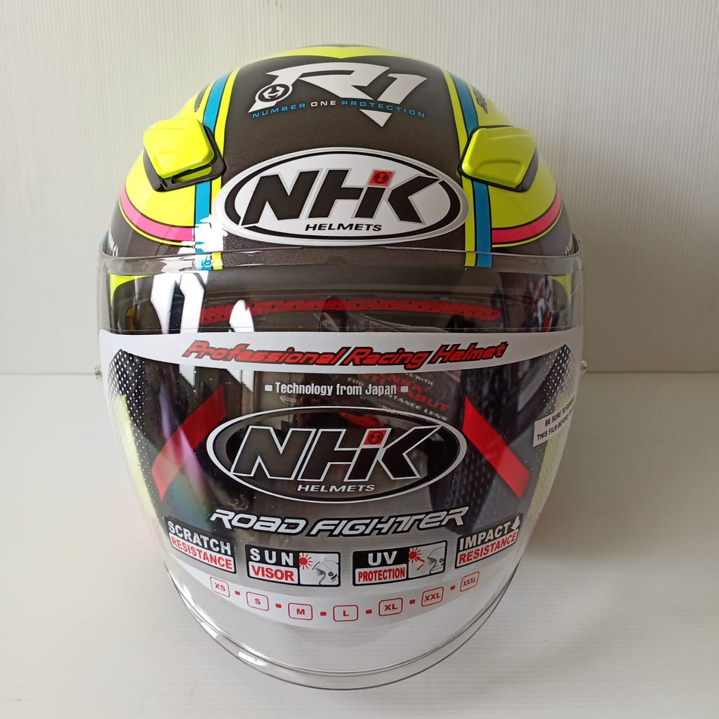 HELM NHK R1 NAPOLEON YELLOW FLO LIGHT BLUE DOUBLE VISOR HALF FACE