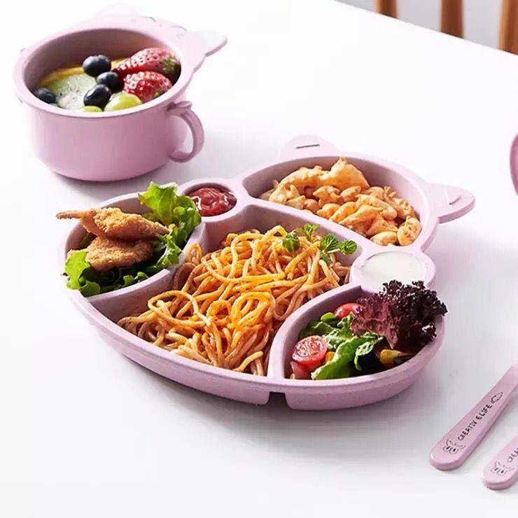 SET Tempat Makan Anak Gambar Kucing Pink Lucu SET Perlengkapan Makan Anak MPASI Murah Tableware Anak Bahan Wheat