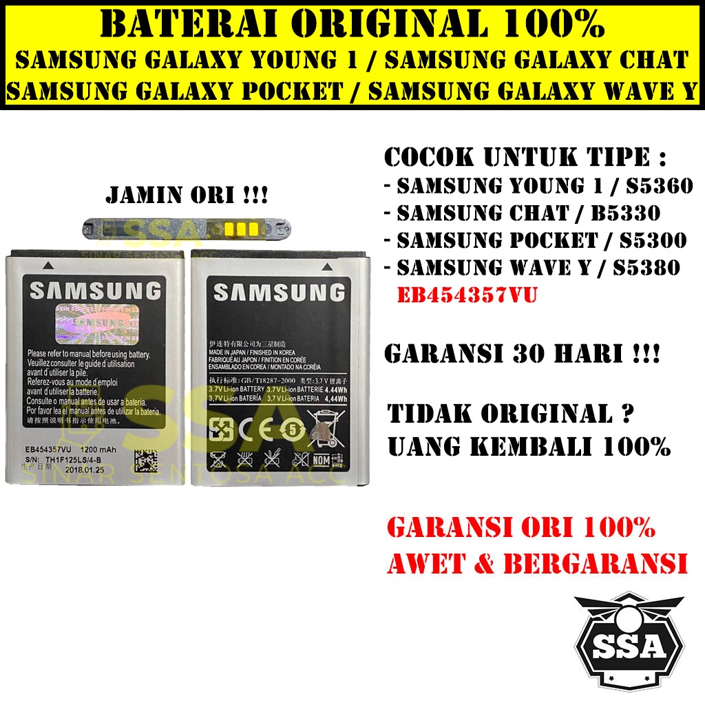 Baterai Original 100% Samsung Galaxy Young Chat Pocket Wave Y Young1 EB454357VU S5360 S5330 S5300 S5380 Batre Batrai Battery Batrei Batere Batu HP ORI GARANSI Awet