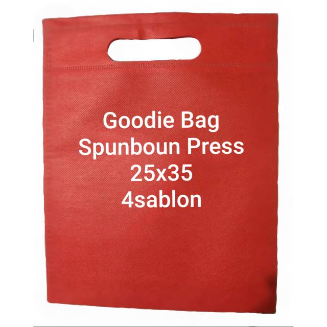 

Goodiebag Spunboun press + sablon 1 sisi 1 warna, tersedia warna merah, biru, orange, hitam, hijau