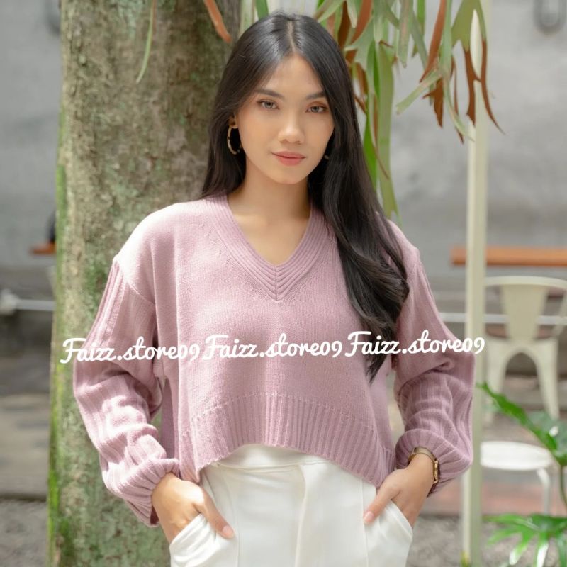 SWEATER RAJUT CROP TOP KERAH V-NECK CORAK/SWEATER RAJUT CROP WANITA PREMIUM