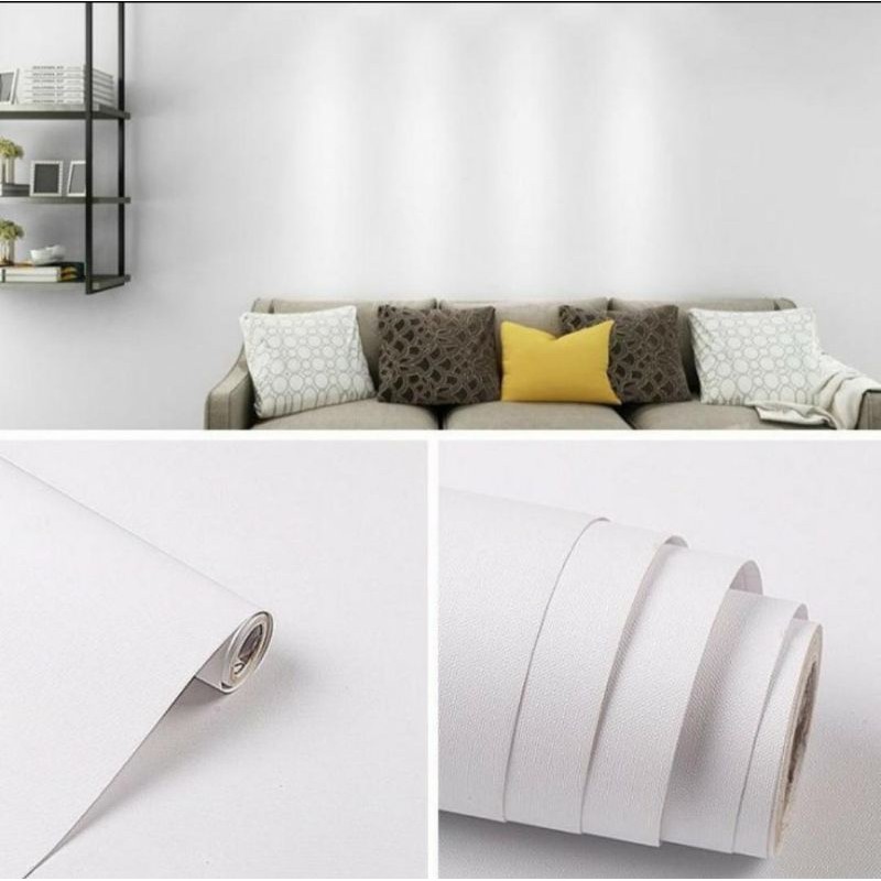 ( BELI 4 GRATIS 2 )Terlaris Wallpaper Sticker Wallpaper Dinding Ruang Tamu Motif Polos | Putih Salur Bunga | Cream | Abu Ungu Kuning Hijau Coklat Merah Pink Biru Batik Bunga Kembang Batu Bata 3D Kotak Segitiga Minimalis Garis Emas Tua Muda Murah-Putih Serat