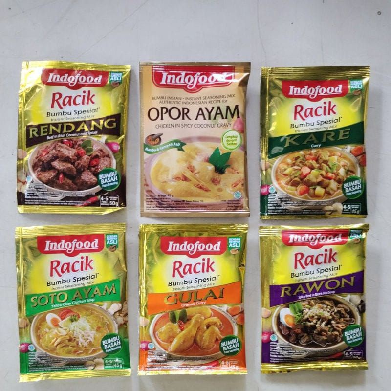 

Indofood Bumbu Instan (Nasi goreng / Pedas / Kare / Gule / Rendang / Rawon / Opor ayam / Soto ayam)