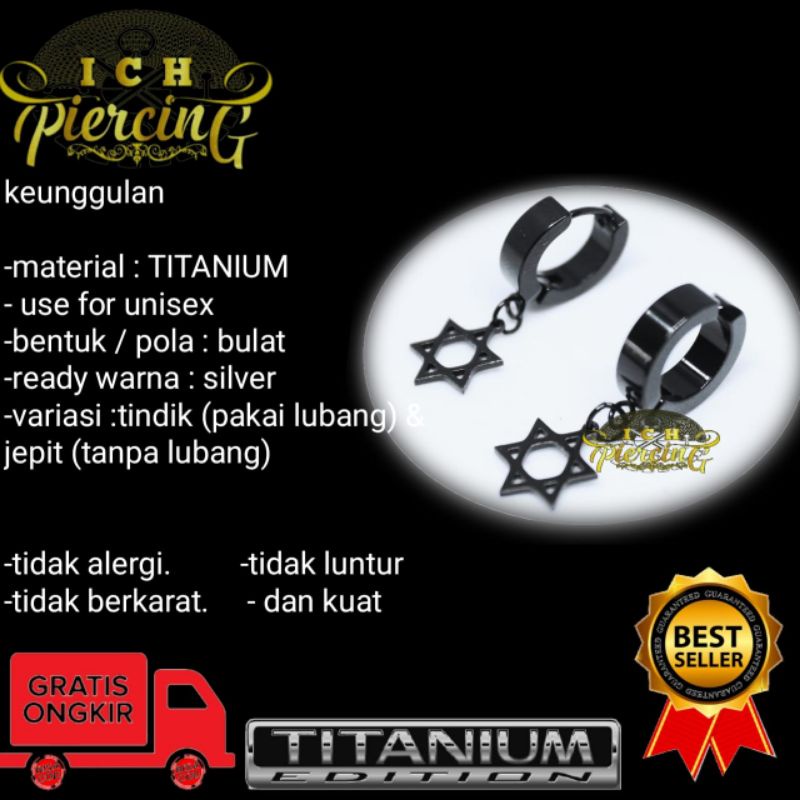 Anting Tindik dan Jepit Model bintang hexagram Black / Anting Gantung hitam / Anting Titanium / Anting Pria Wanita / Anting Anti Karat