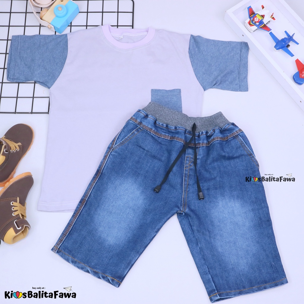 Setelan John Ethes uk 5-6 Tahun / Baju Anak Laki-Laki Lengan Pendek Celana Jeans Set Oblong Kantong